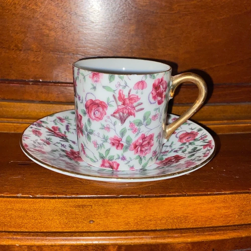Vintage demitasse cup and saucer pink roses gold rim handle made in Japan